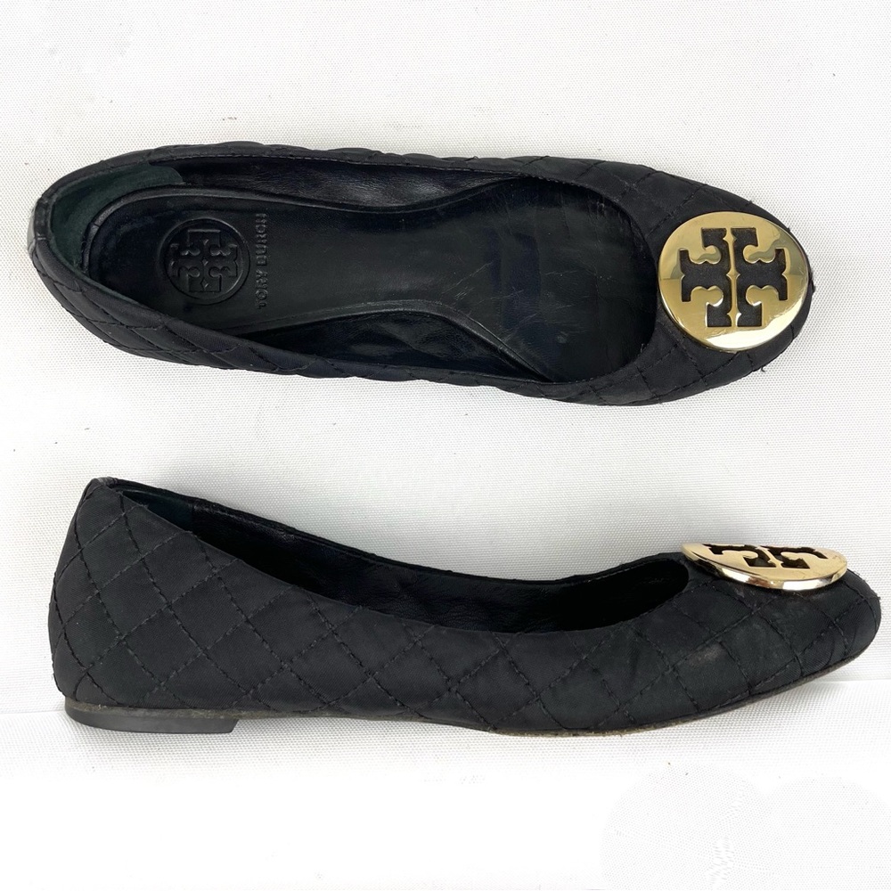 Tory Burch Black Quilted Flats with Gold Logo